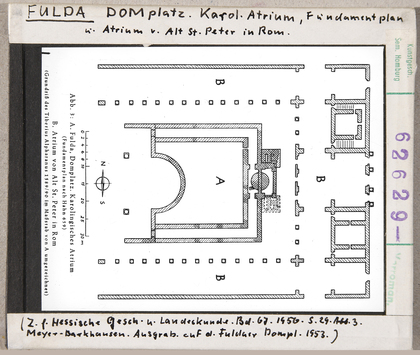 Vorschaubild Fulda: Domplatz, Karolingisches Atrium, Fundamentplan im Vergleich mit St. Peter, Rom 